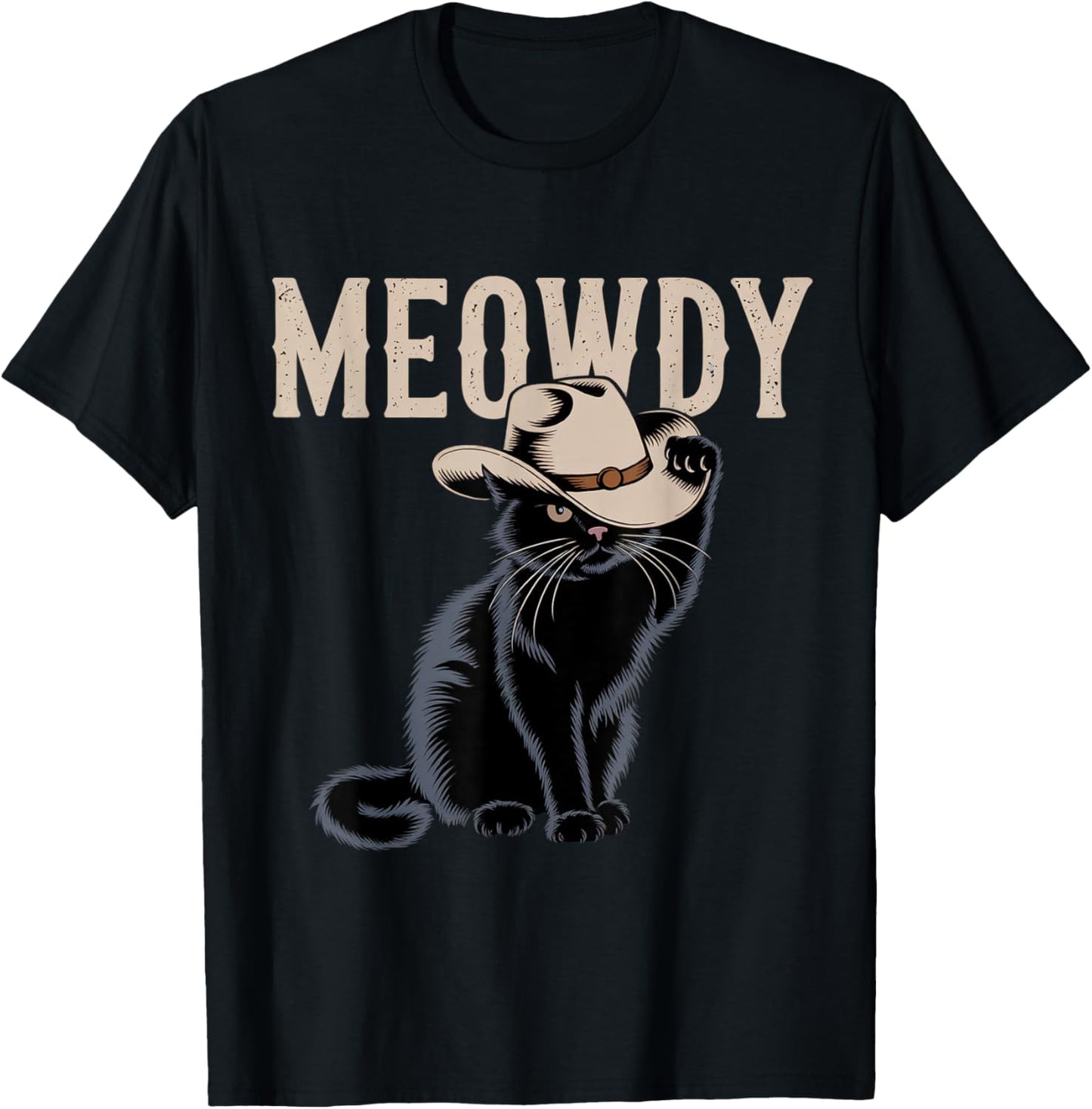 Funny Meowdy Country Music Cat Cowboy Hat Vintage T-Shirt - T-Shirt | Black