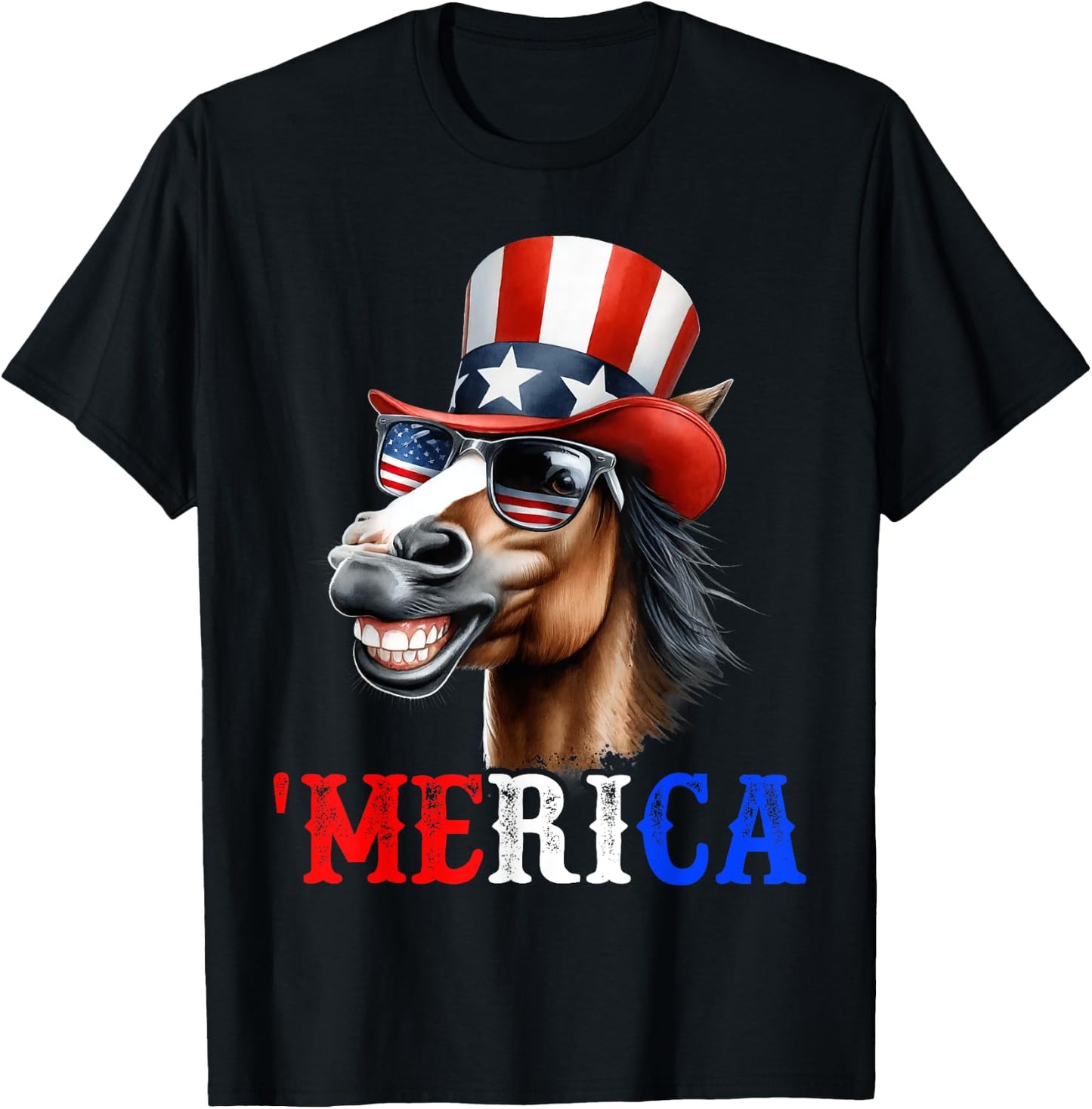 Merica Horse Patriotic 4th of July Funny Kids Men Women T-Shirt - T-Shirt | Black