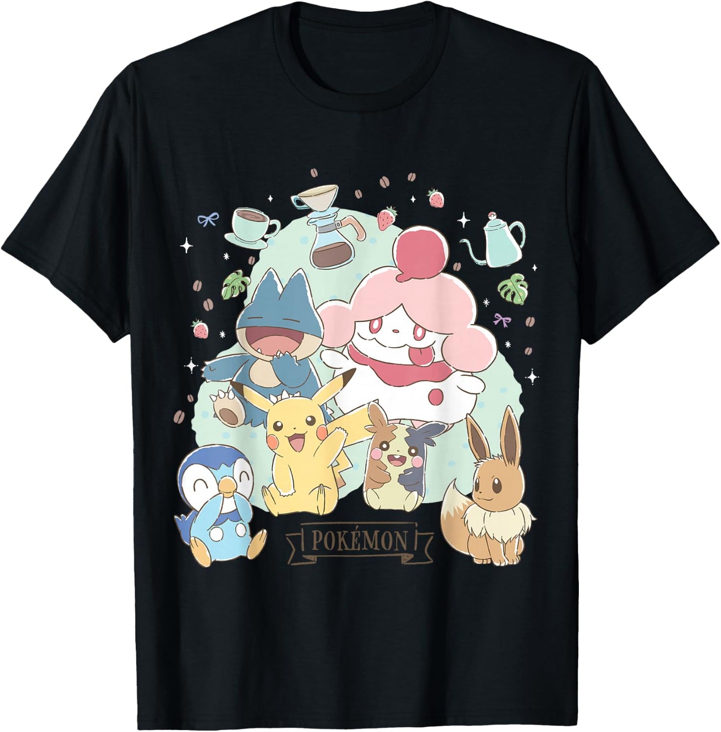 Pokémon - Cafe Pika Eevee Piplup Munchlax Morpeko Slurpuff T-Shirt - T-Shirt | Black