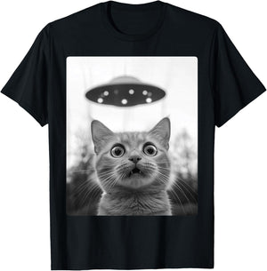 Cat Selfie Alien Cats in Front of Ufo Space Aliens T-Shirt - T-Shirt | Black