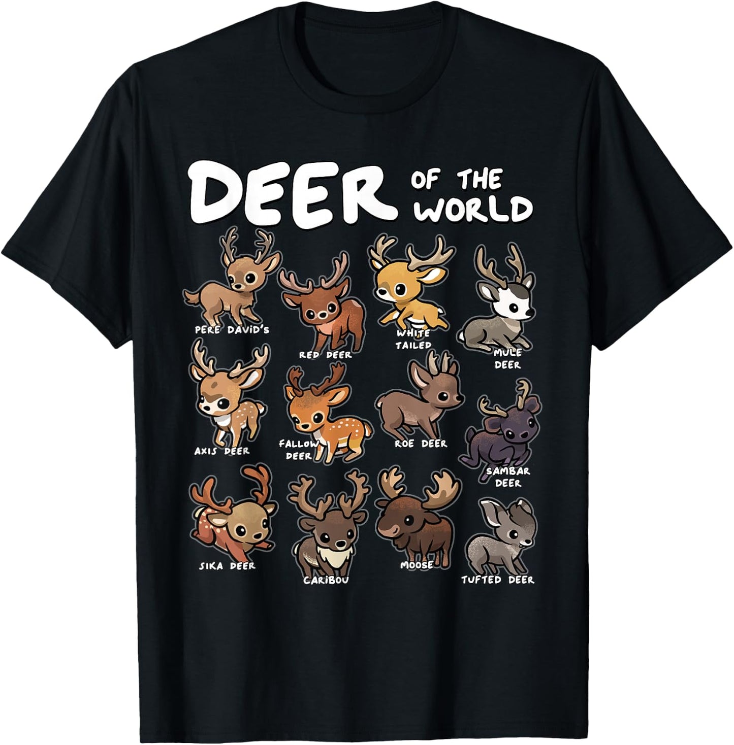 Deer Shirt Deer of The World Educational Deer Lover Hunter T-Shirt - T-Shirt | Black