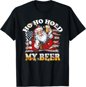 Christmas In July Santa Ho Ho Hold My Beer USA Flag T-Shirt - T-Shirt | Black