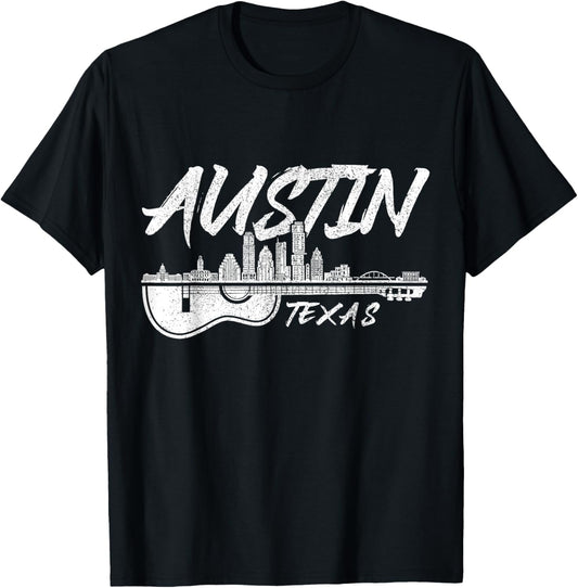 Austin Texas Guitar Player Skyline Folk Blues Country Music T-Shirt - T-Shirt | Black