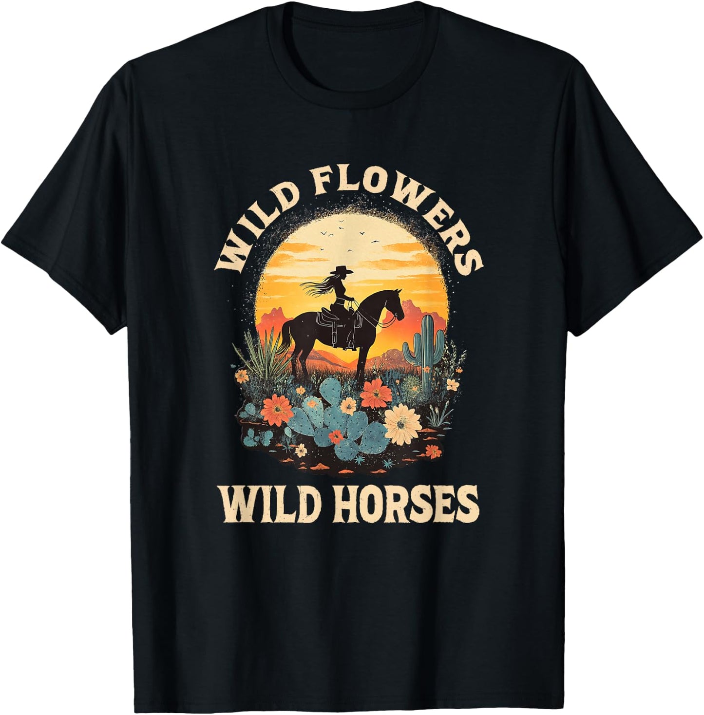 Western Sunset Cowgirl Riding Horse Wild Flowers Wild Horses T-Shirt - T-Shirt | Black
