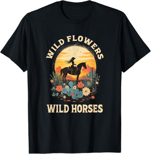 Western Sunset Cowgirl Riding Horse Wild Flowers Wild Horses T-Shirt - T-Shirt | Black