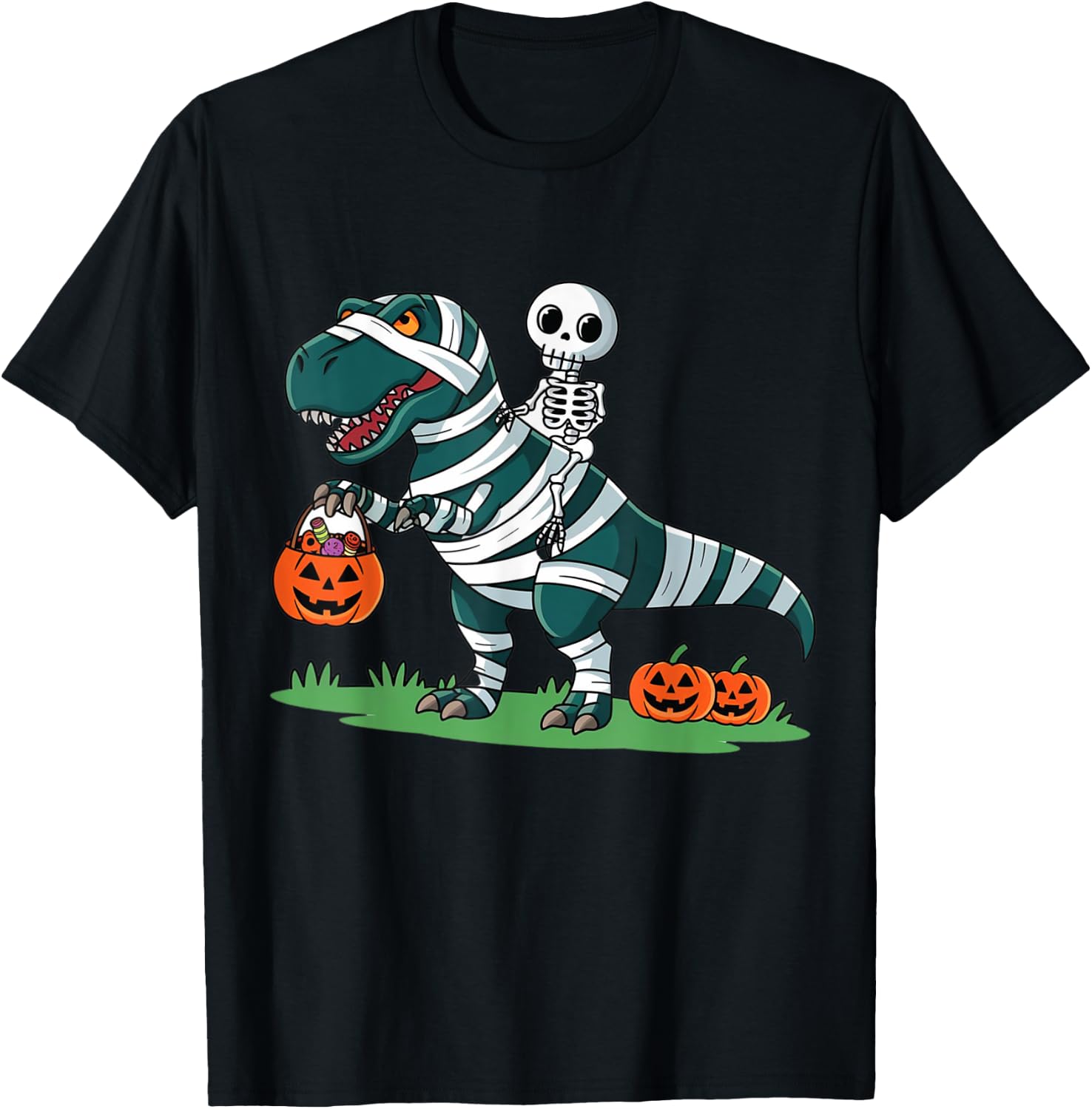 Skeleton Riding Mummy Dinosaur T rex Halloween Funny Pumpkin T-Shirt - T-Shirt | Black