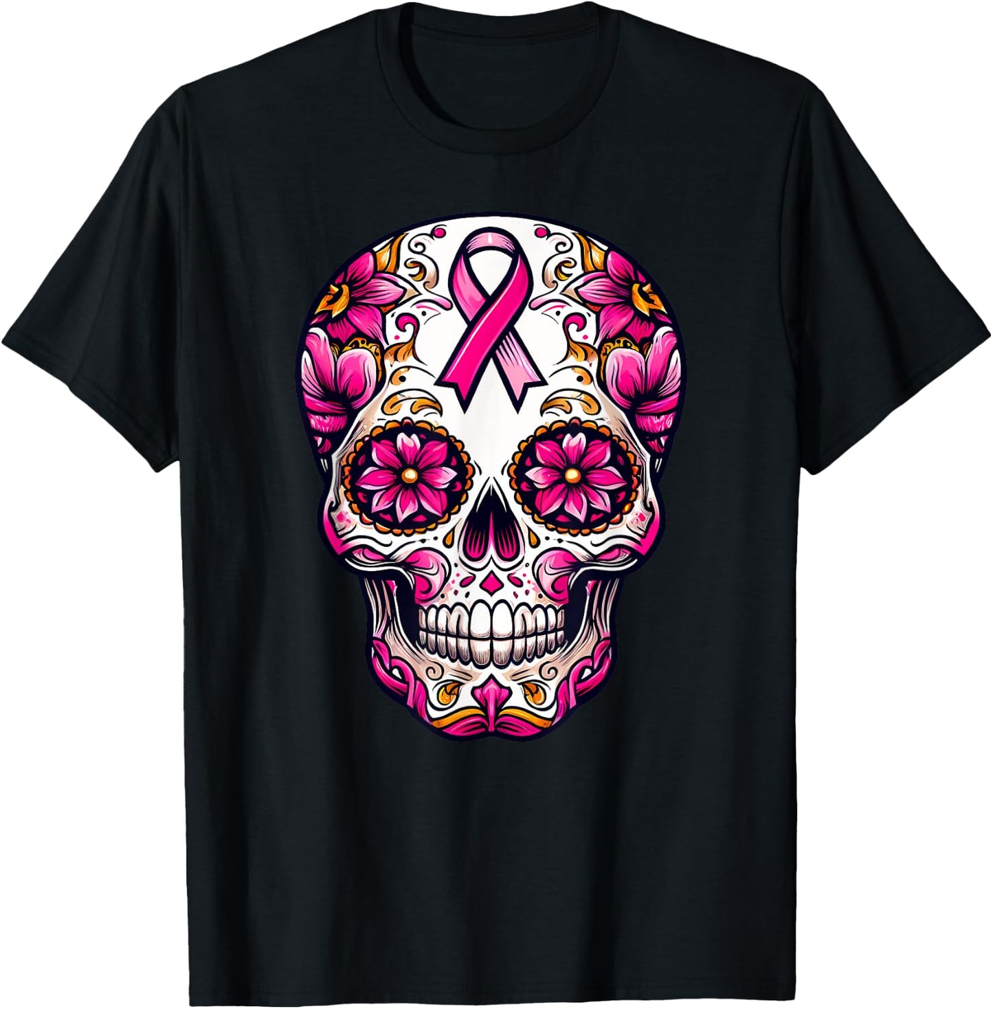 Sugar Skull Pink Ribbon Calavera Breast Cancer Awareness T-Shirt - T-Shirt | Black