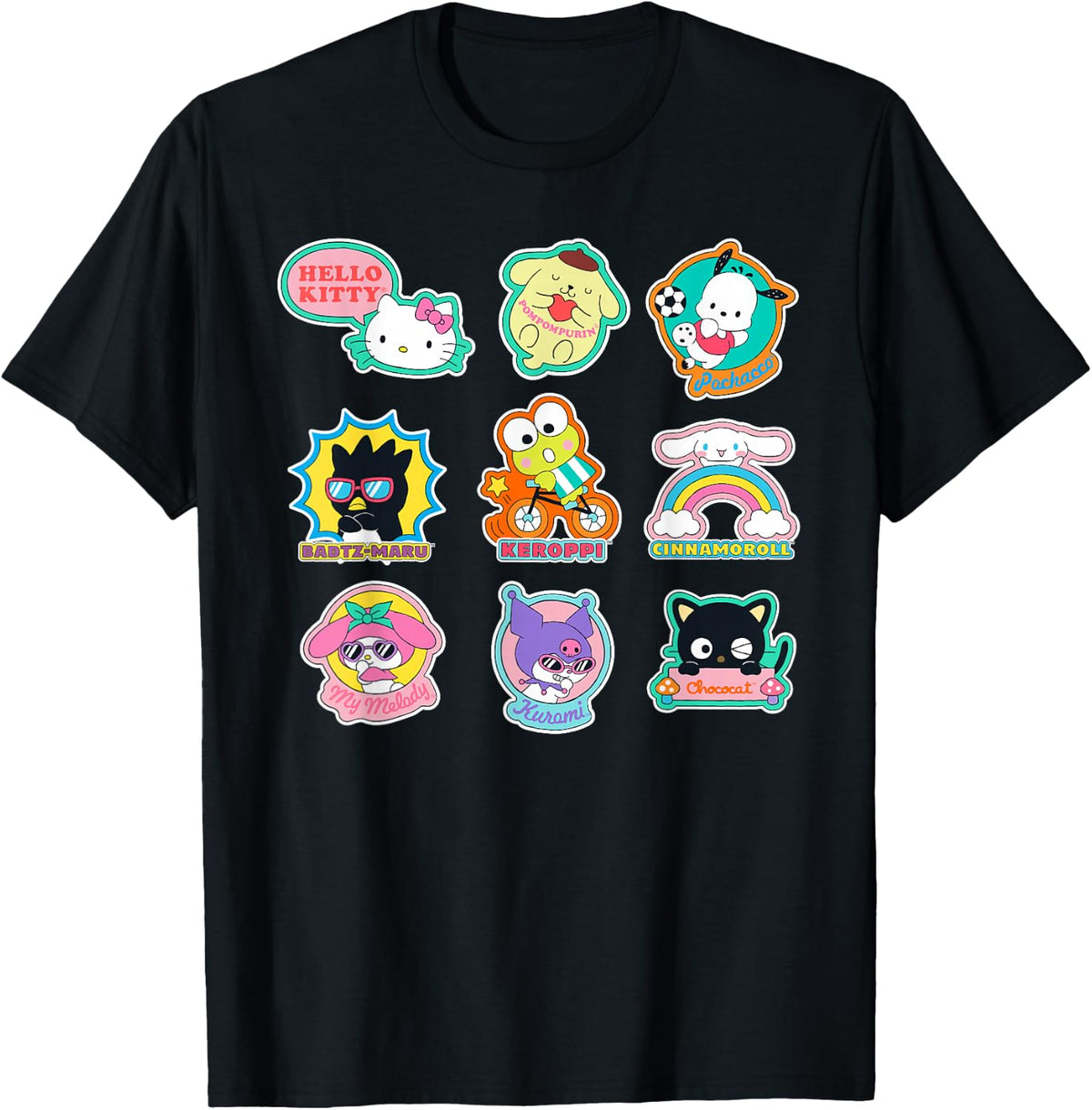SANRIO Hello Kitty and Friends Supercute Stickers Adult Child Black Small Classic Fit Short Sleeve Cotton 60% Polyester 40% T-Shirt - T-Shirt | Black