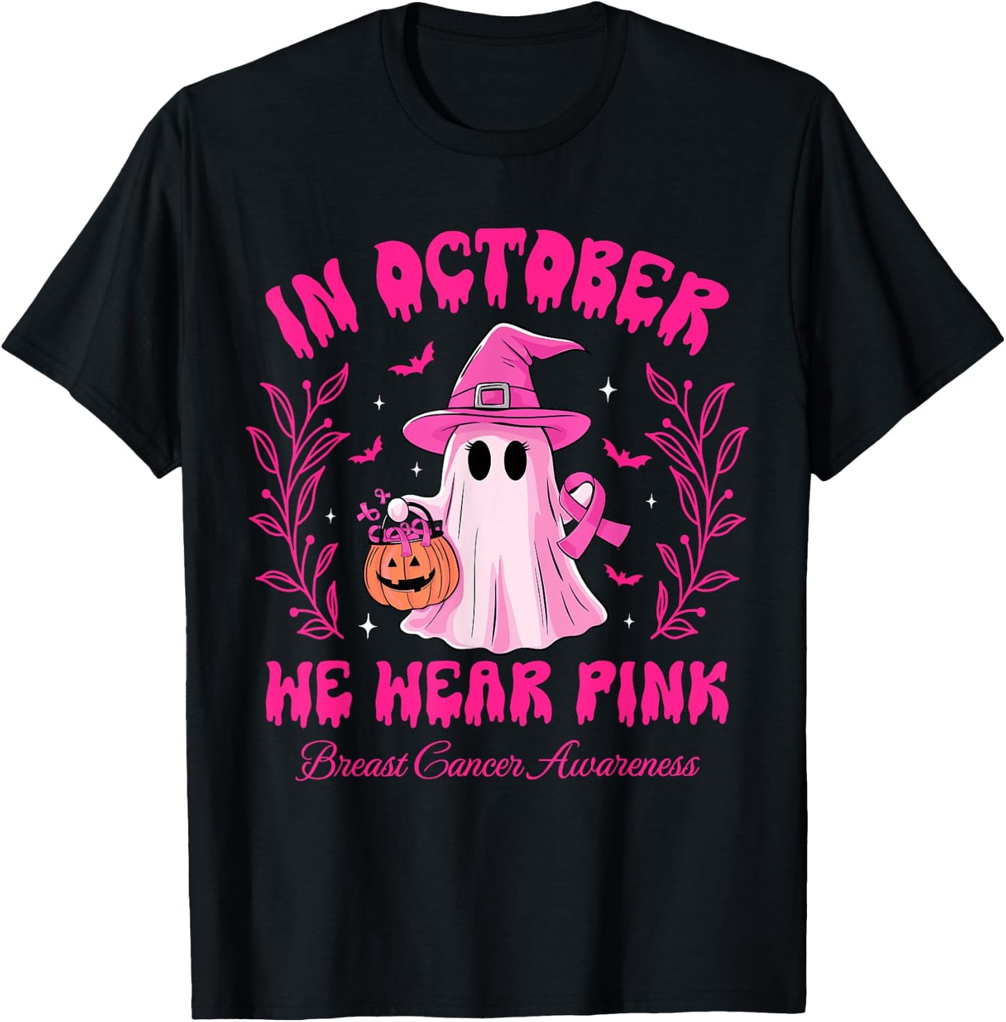 In October We Wear Pink Breast Cancer Awareness Halloween T-Shirt - T-Shirt | Black
