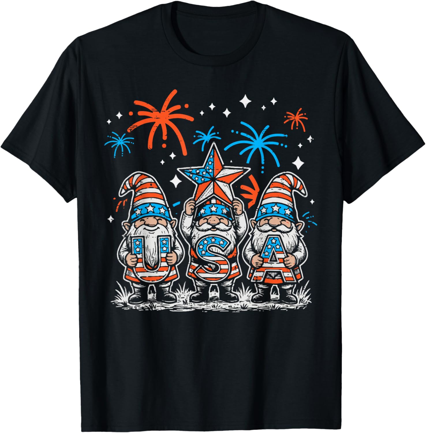 4th of July Gnomes USA Fireworks Patriotic Men Women Kids T-Shirt - T-Shirt | Black