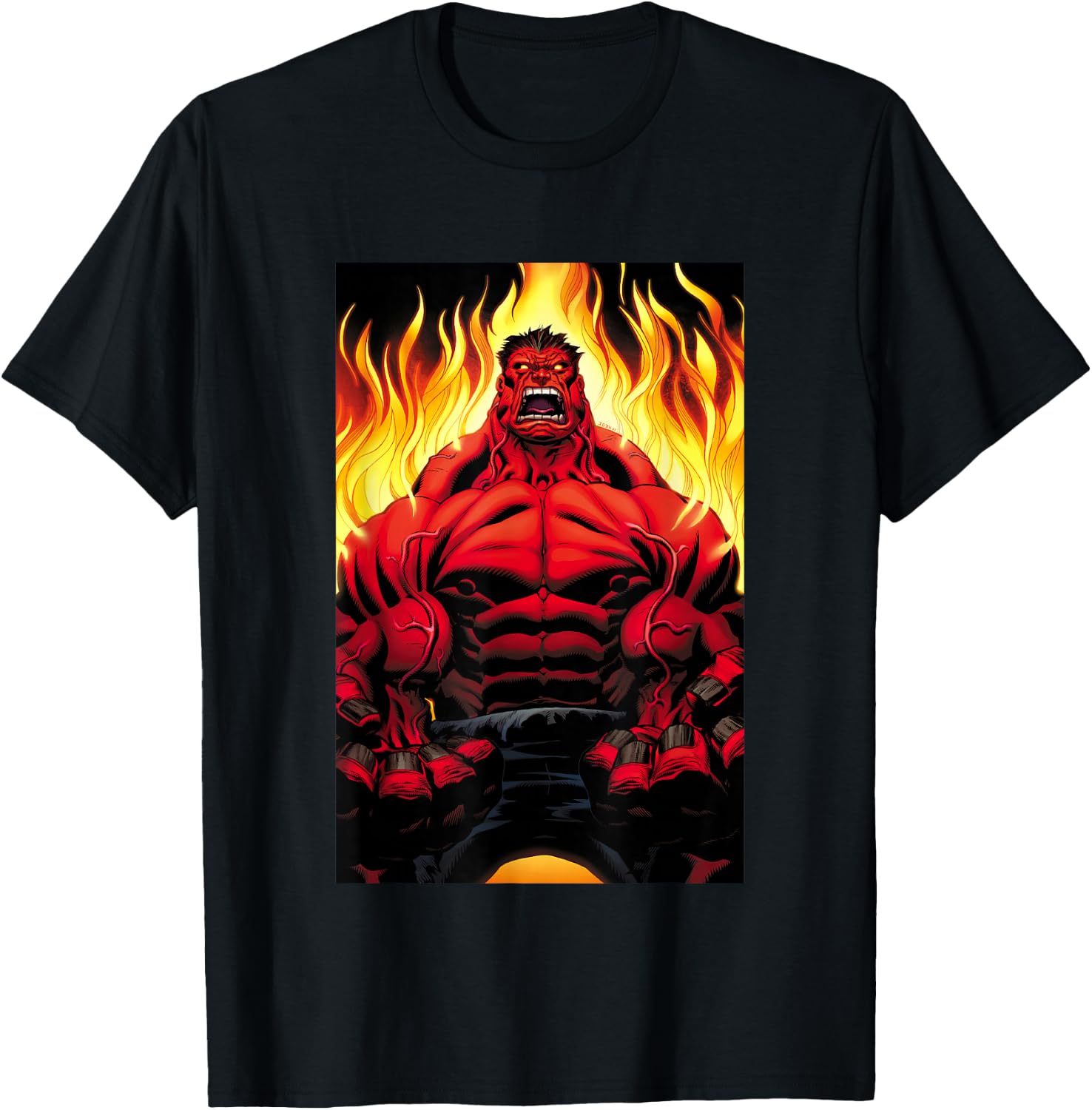 Marvel Universe Classic Red Hulk Extreme Rage On Fire T-Shirt - T-Shirt | Black