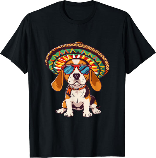 Party Beagle Dog With Sombrero | Mexico T-Shirt - T-Shirt | Black