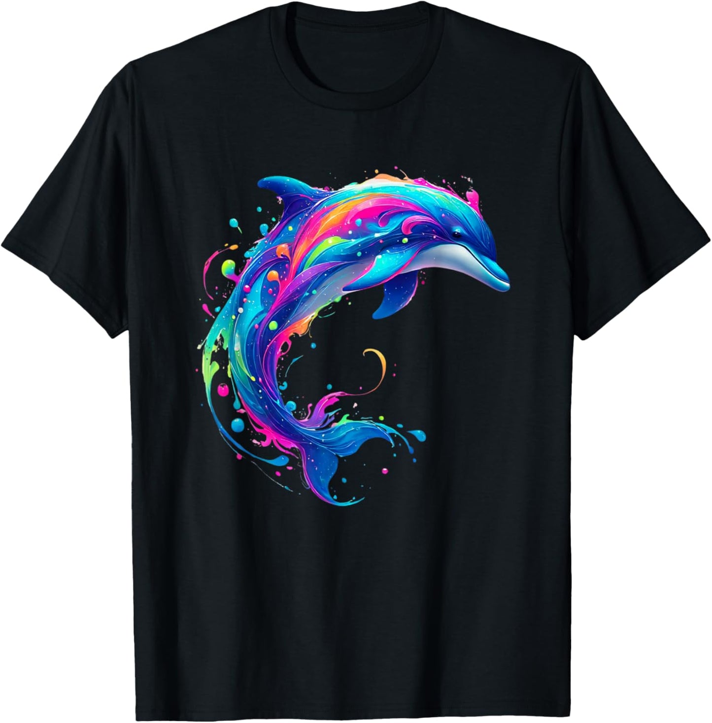 Cute Dolphin Watercolor Art Splash Ocean Animal Lover T-Shirt - T-Shirt | Black