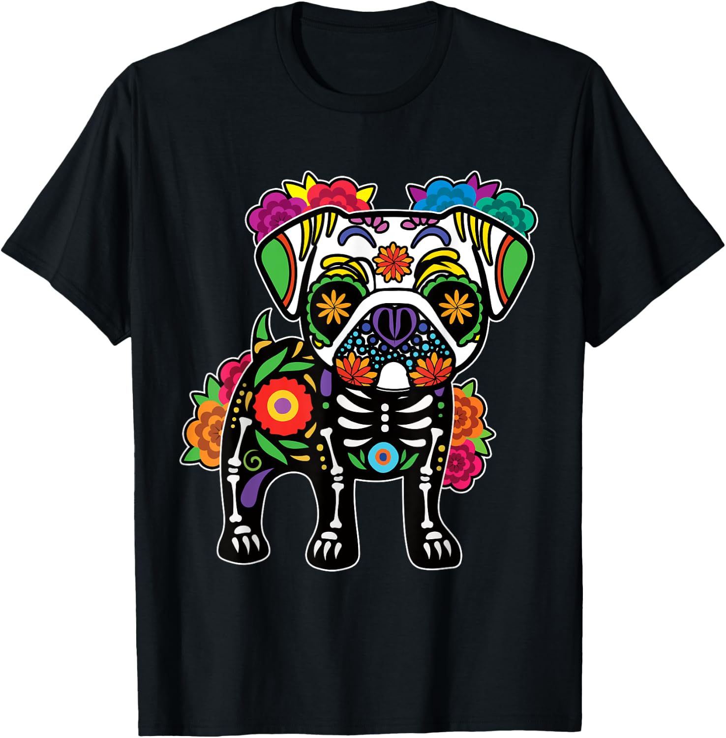 Dog Pug Floral Skeleton Day of Dead Dia De Los Muertos T-Shirt - T-Shirt | Black