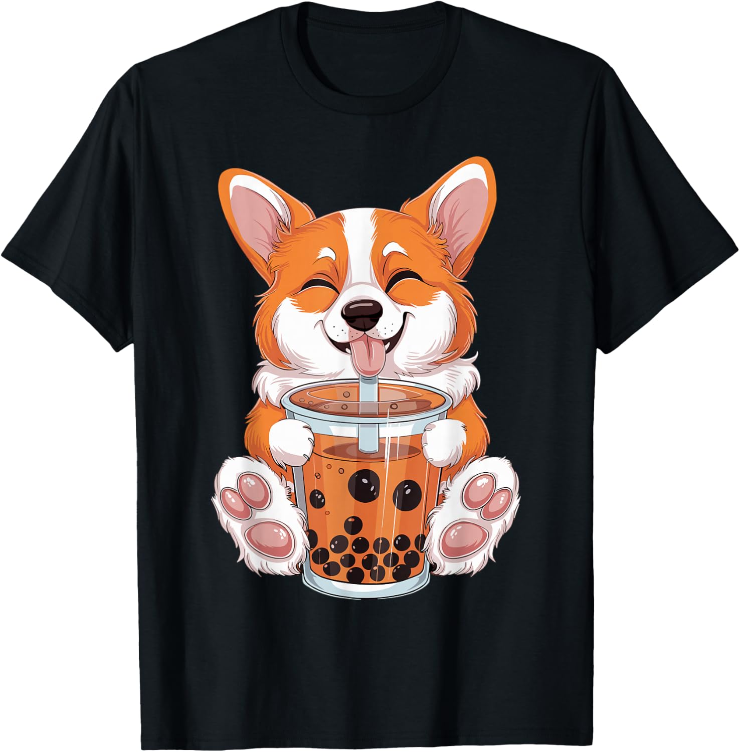Corgi Dog Bubble Boba Tea Anime Cute Kawaii Corgi Dog T-Shirt - T-Shirt | Black