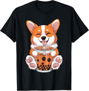 Corgi Dog Bubble Boba Tea Anime Cute Kawaii Corgi Dog T-Shirt - T-Shirt | Black