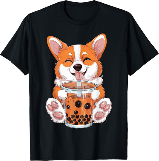 Corgi Dog Bubble Boba Tea Anime Cute Kawaii Corgi Dog T-Shirt - T-Shirt | Black