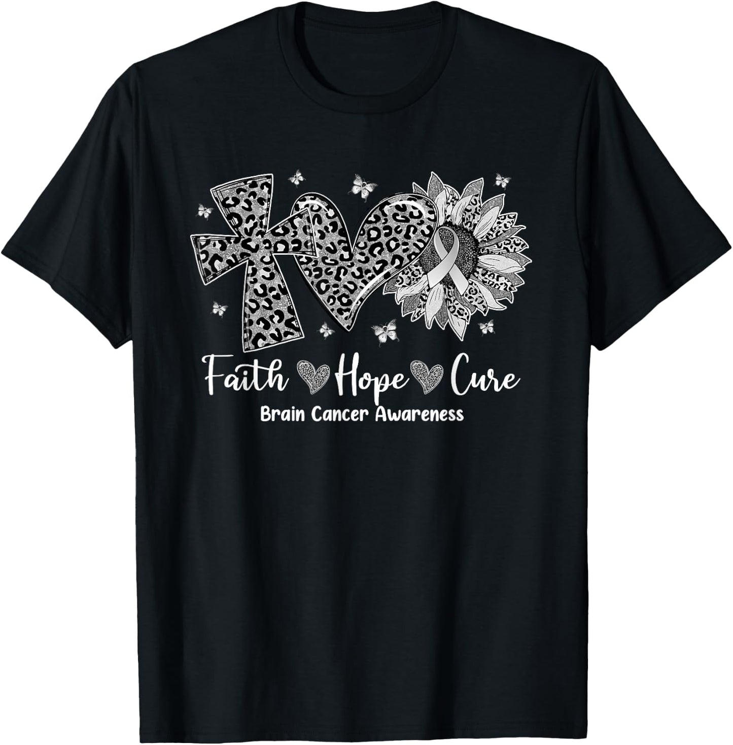 Faith Hope Cure Sunflower Leopard Brain Cancer Awareness T-Shirt - T-Shirt | Black