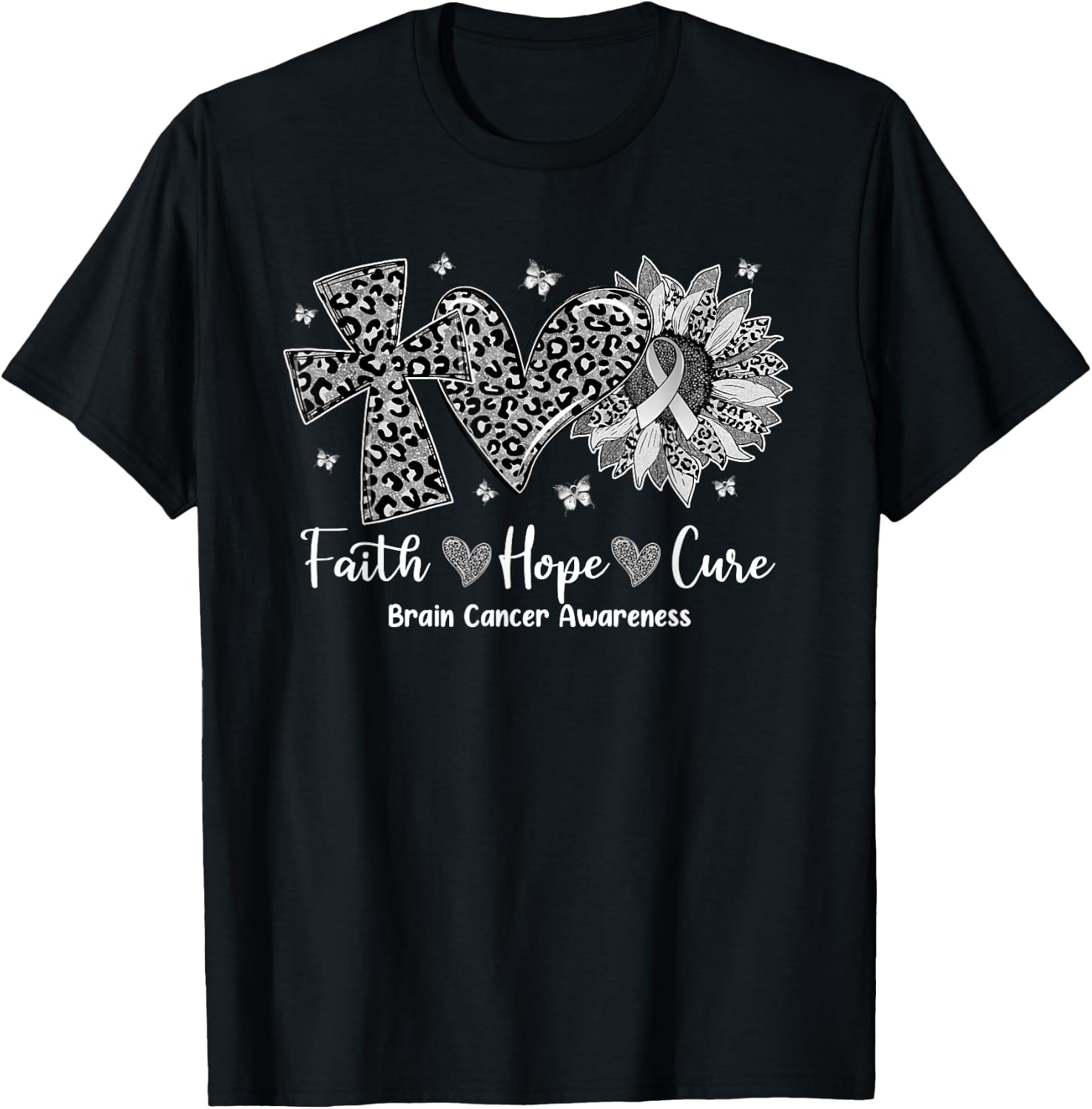 Faith Hope Cure Sunflower Leopard Brain Cancer Awareness T-Shirt - T-Shirt | Black