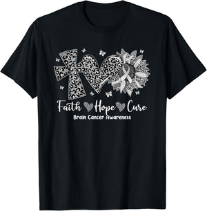 Faith Hope Cure Sunflower Leopard Brain Cancer Awareness T-Shirt - T-Shirt | Black