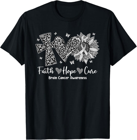 Faith Hope Cure Sunflower Leopard Brain Cancer Awareness T-Shirt - T-Shirt | Black