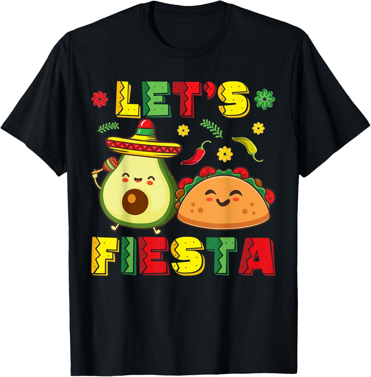 Mexican Cinco De Mayo Shirt Taco And Avocado Let's Fiesta T-Shirt - T-Shirt | Black