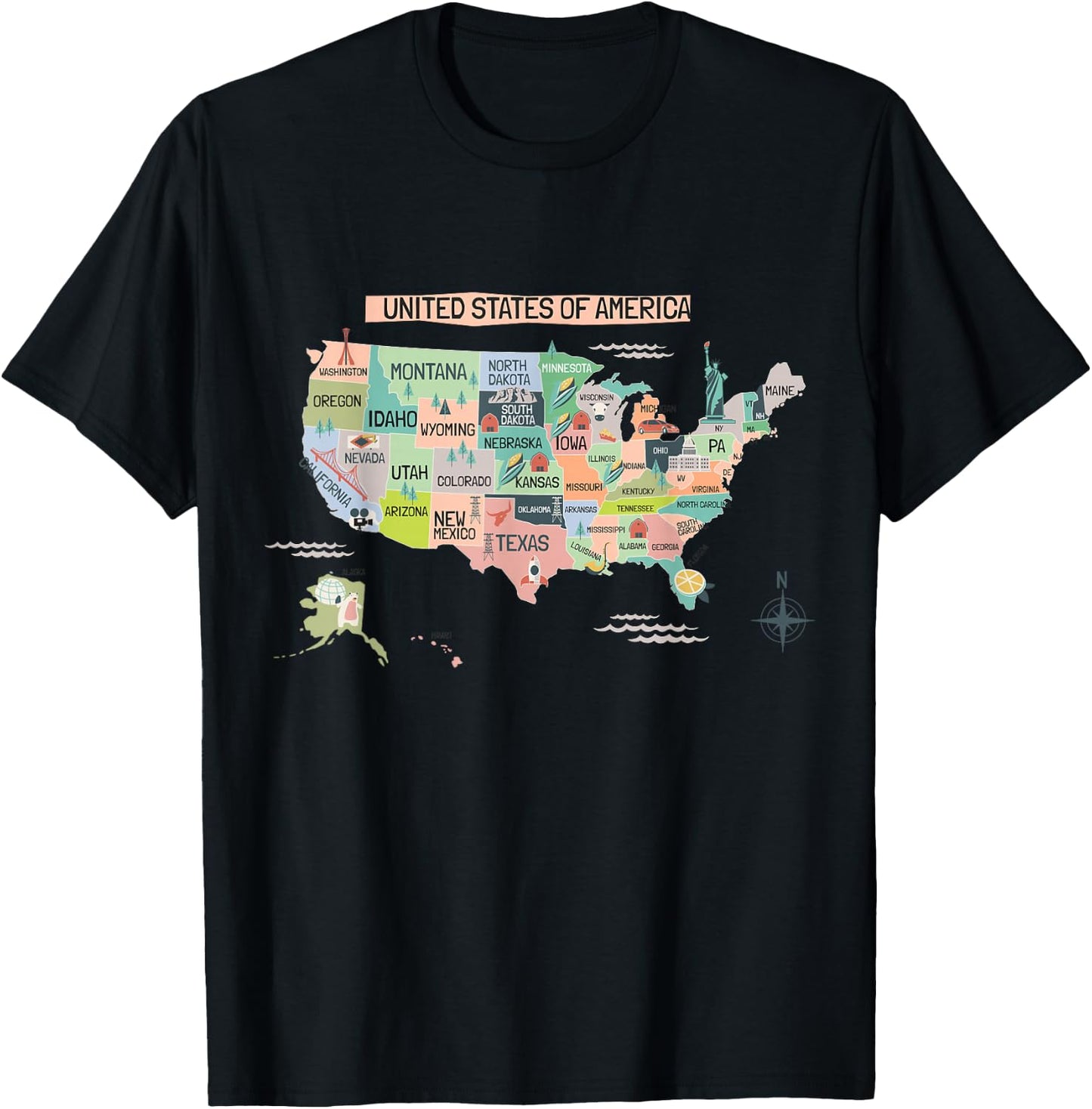 United States America Educational USA Wonders & States Map T-Shirt - T-Shirt | Black