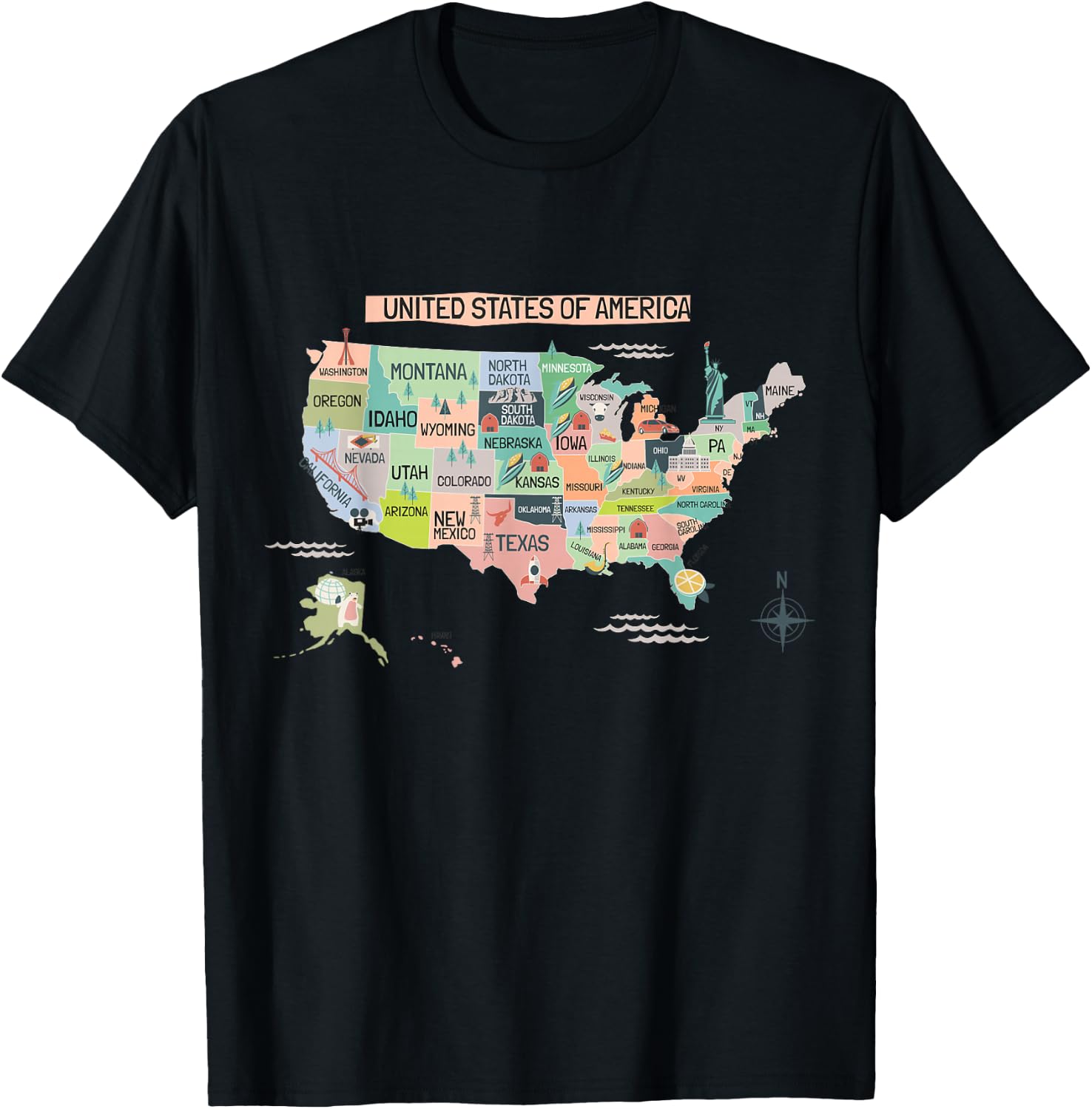 United States America Educational USA Wonders & States Map T-Shirt - T-Shirt | Black