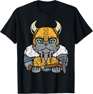 Viking Cat Axe Norse Mythology Kitten Women Girls Kids Men T-Shirt - T-Shirt | Black