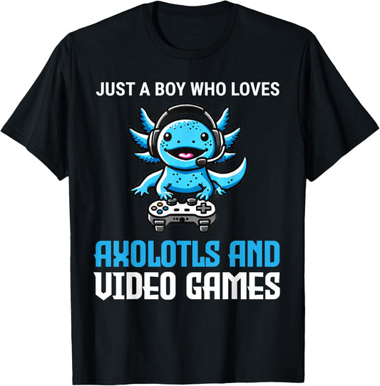 Just A Boy Who Loves Axolotls And Video Games Gamer T-Shirt - T-Shirt | Black