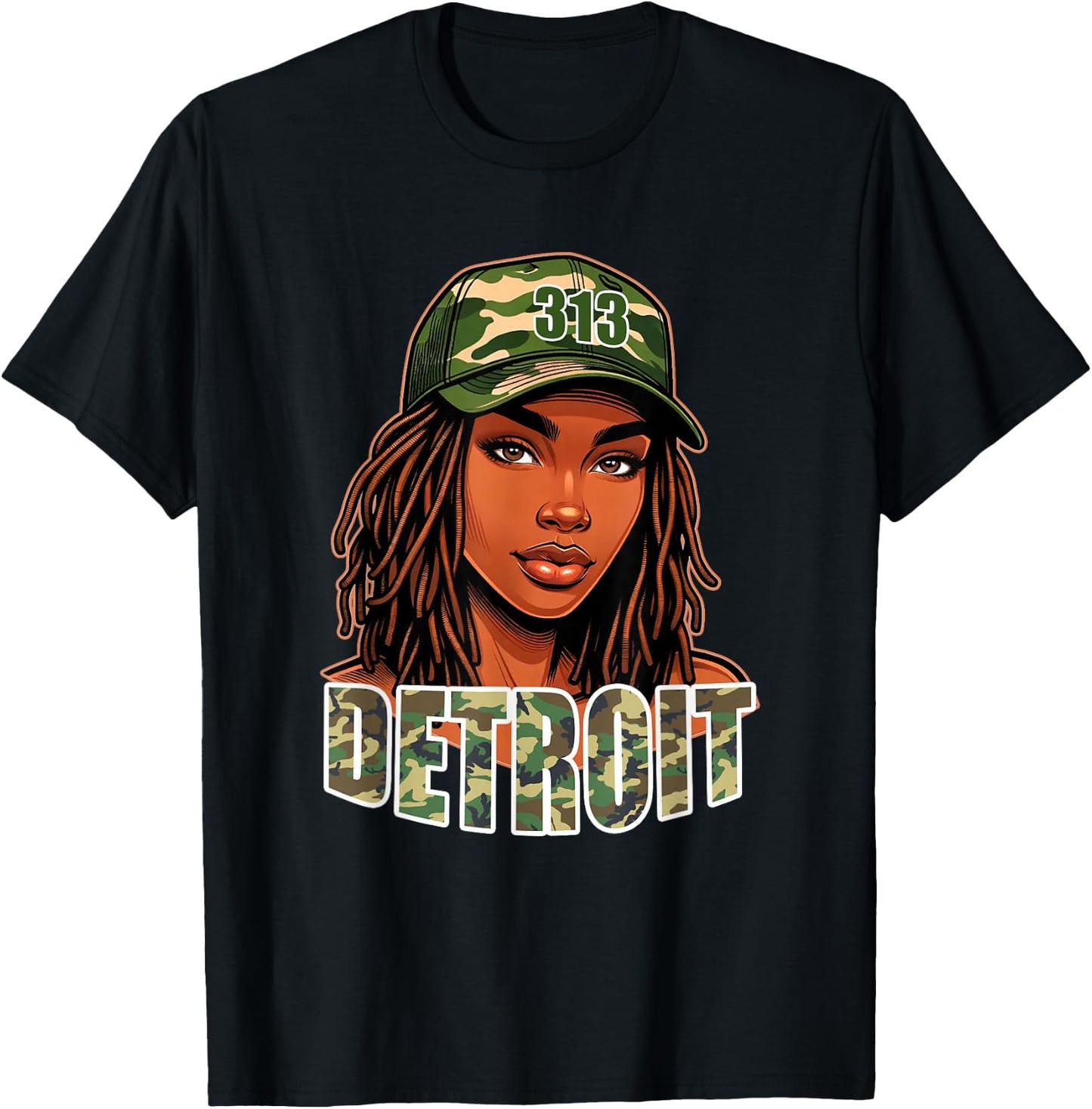 Detroit 313 Camo Hat Black Woman Locs T-Shirt - T-Shirt | Black