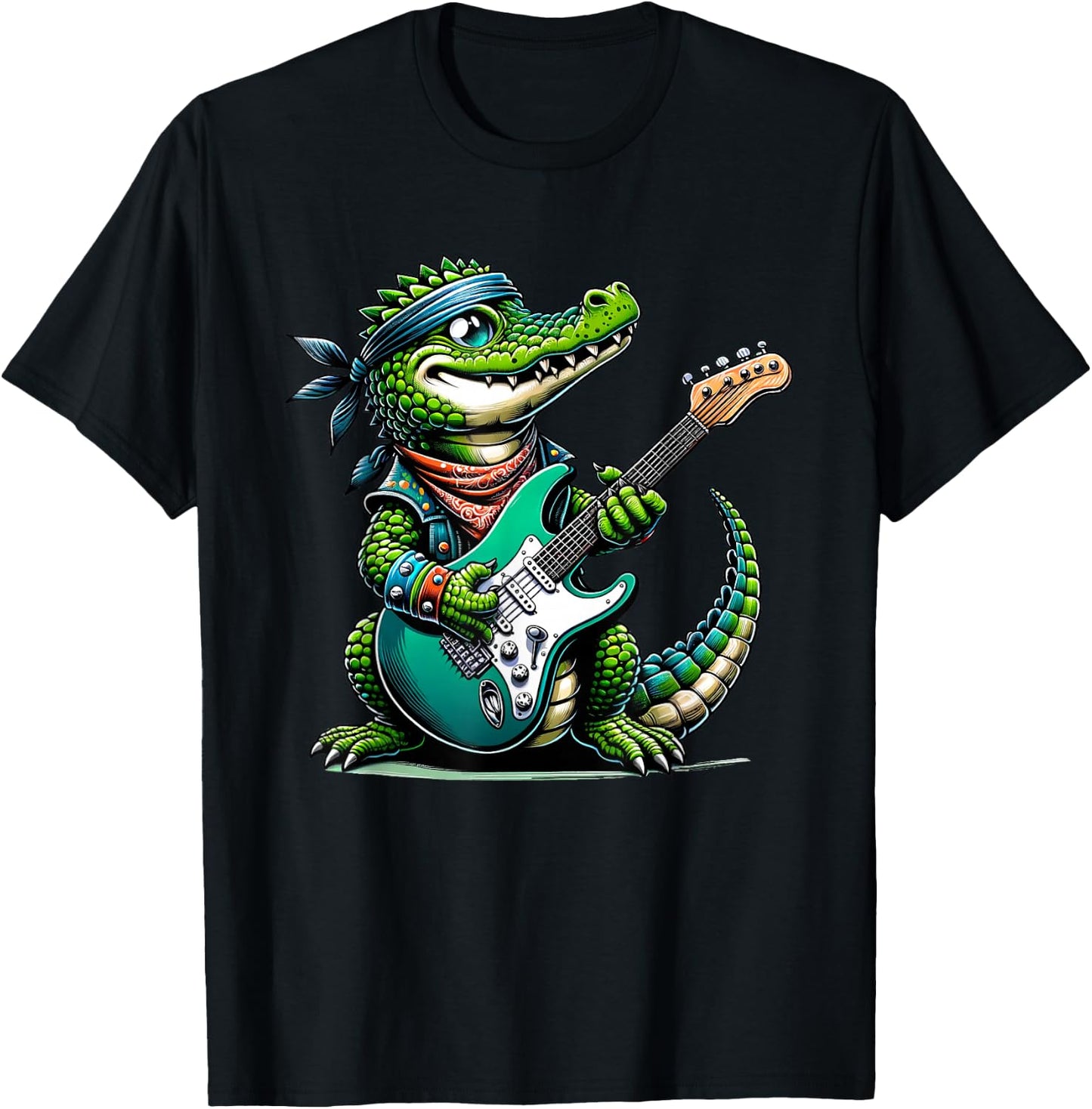 Crocodile Rock Star: Playful Guitar-Playing Alligator T-Shirt - T-Shirt | Black