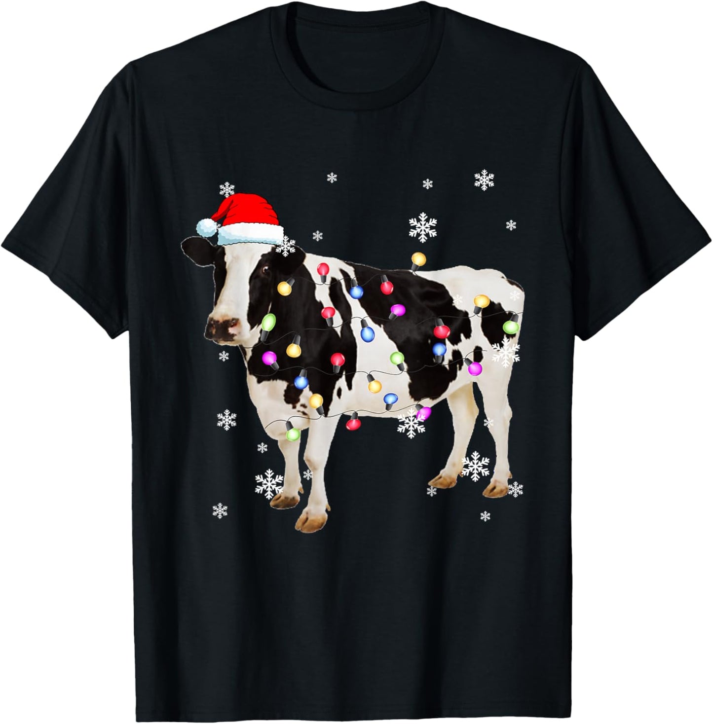 Christmas Cow Shirt Cow Tree Light Xmas Funny Cow T-Shirt - T-Shirt | Black