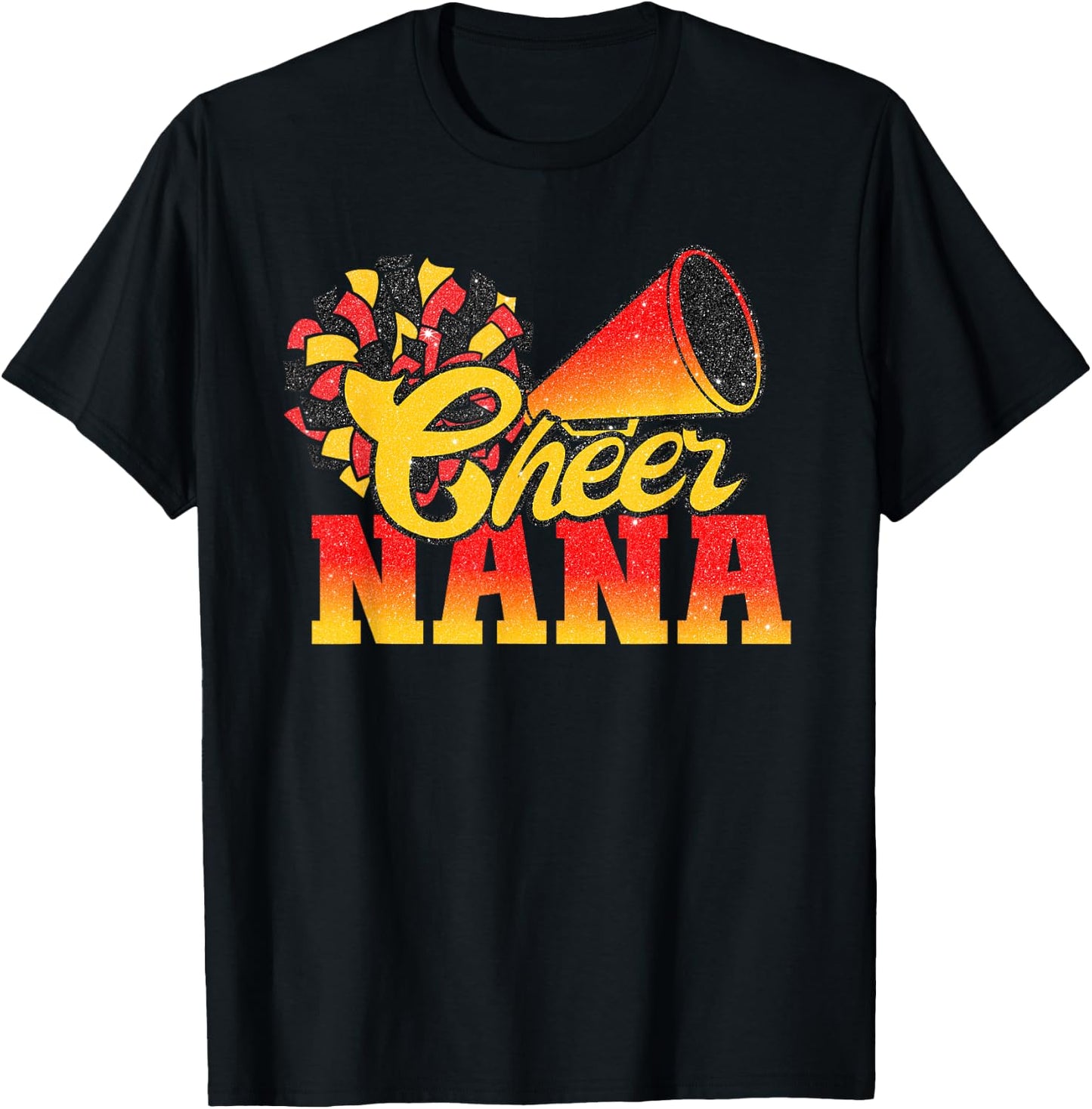 Cheer Nana Biggest Fan Cheerleader Orange Red Gold Pom Pom T-Shirt - T-Shirt | Black