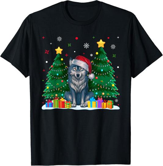 Funny Animal Lovers Wolf Santa Hat Ugly Christmas Sweater T-Shirt - T-Shirt | Black