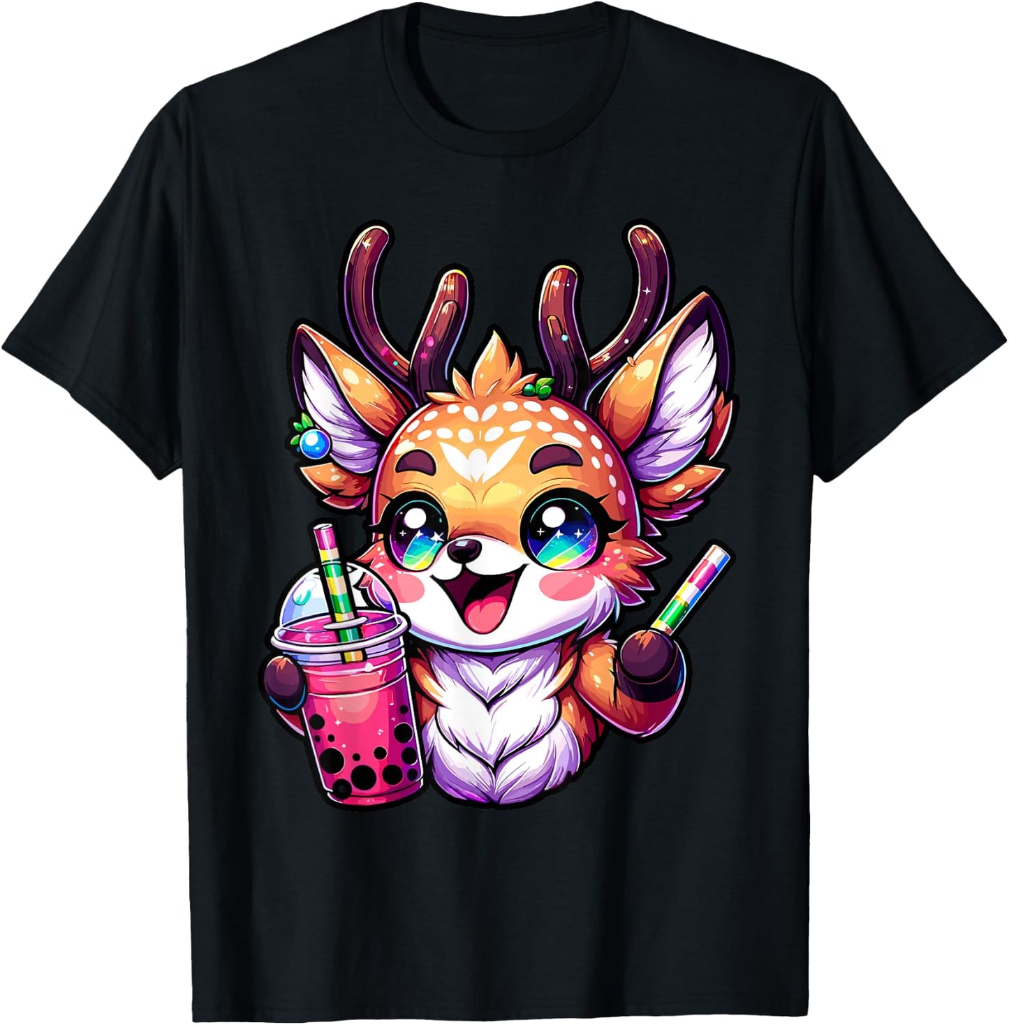 Deer kawaii Bubble Tea Anime Kawaii Milk tea T-Shirt - T-Shirt | Black