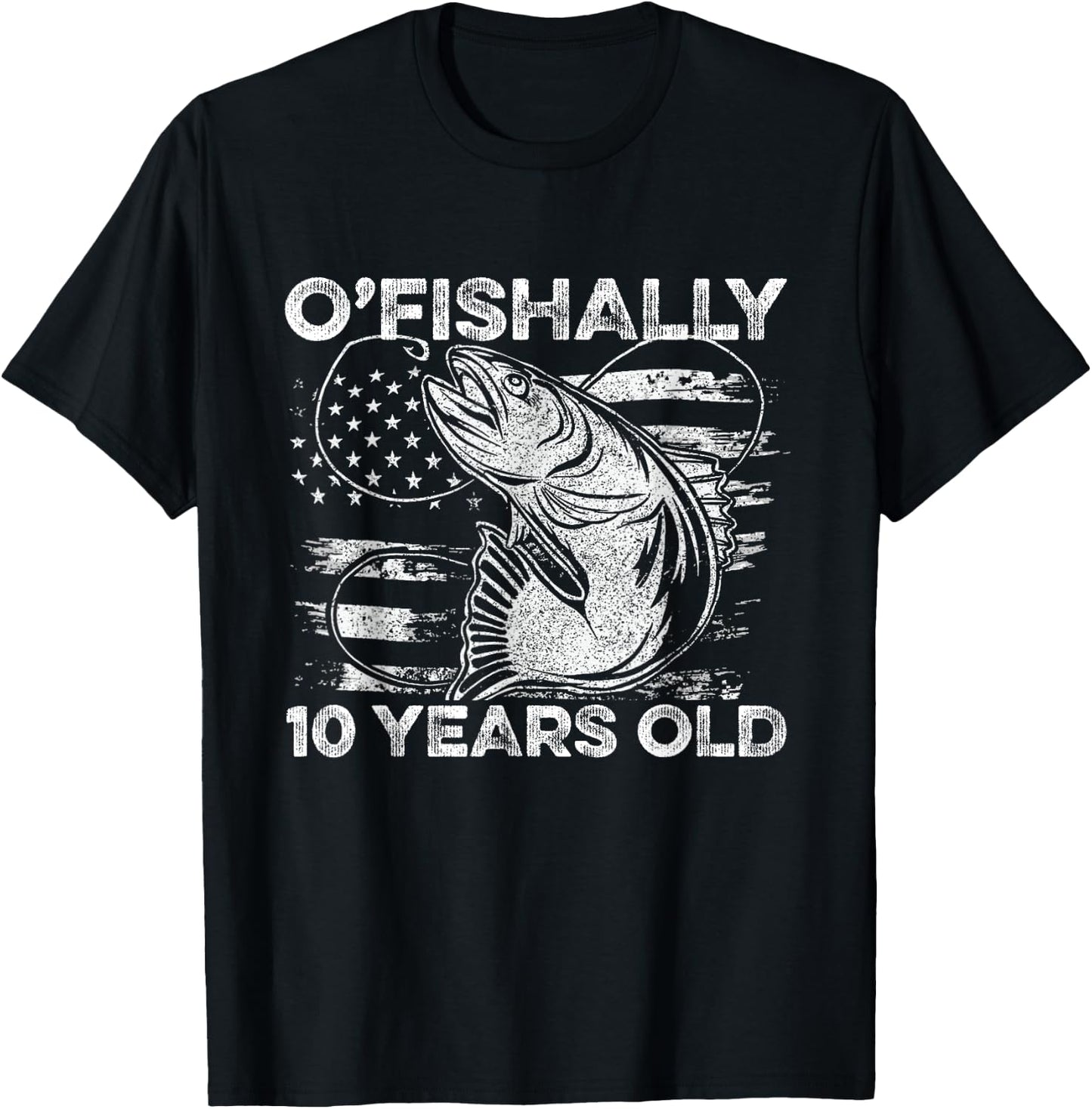 Ofishally 10 Year Old Shirt 10th Birthday Fishing US Flag T-Shirt - T-Shirt | Black