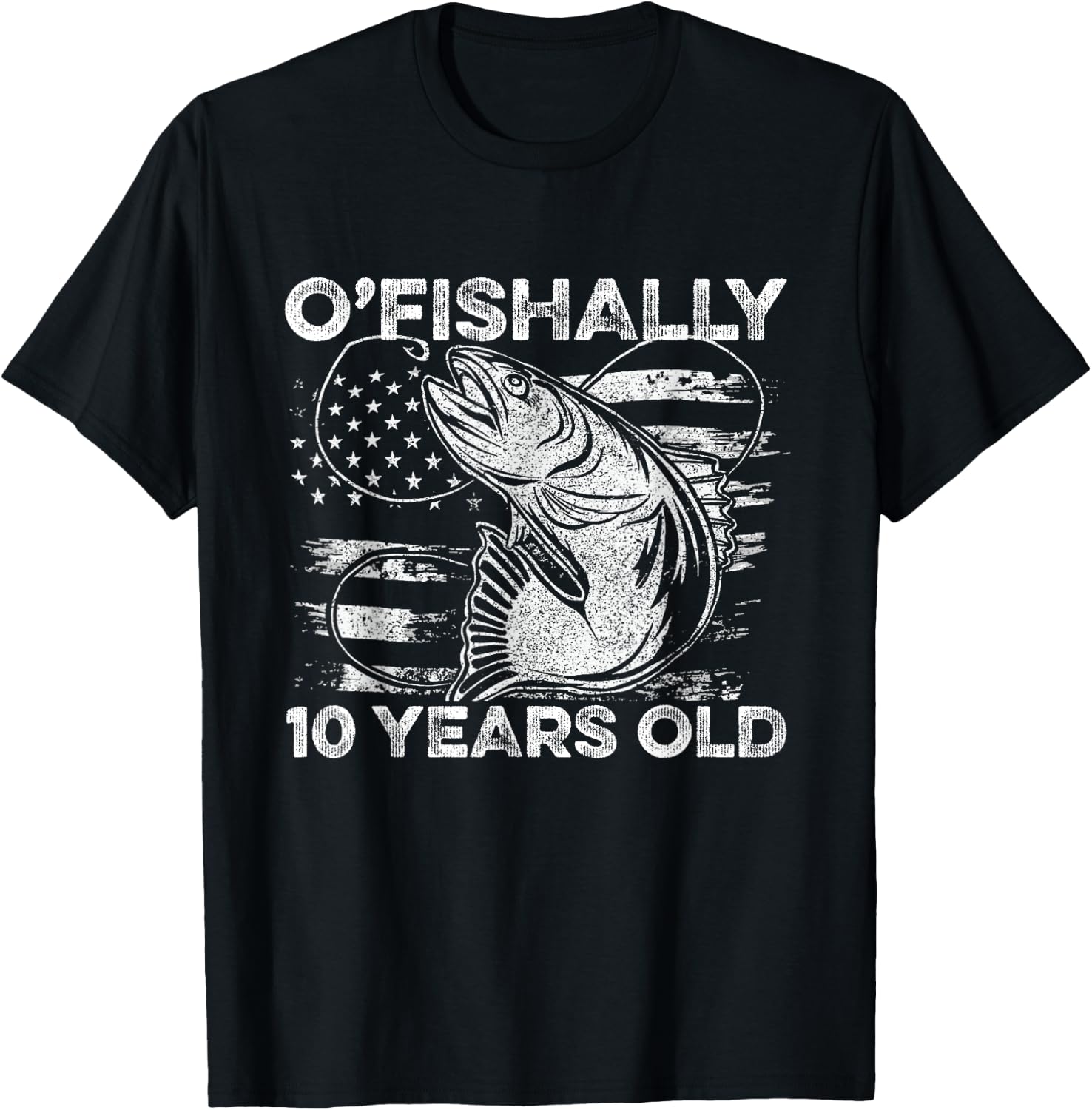 Ofishally 10 Year Old Shirt 10th Birthday Fishing US Flag T-Shirt - T-Shirt | Black