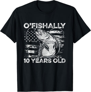 Ofishally 10 Year Old Shirt 10th Birthday Fishing US Flag T-Shirt - T-Shirt | Black