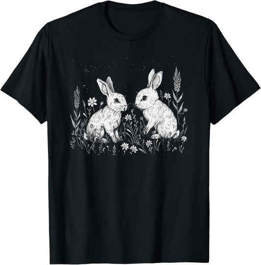White Bunny Rabbit Dark Cottagecore Cute Flowers Aesthetic T-Shirt - T-Shirt | Black