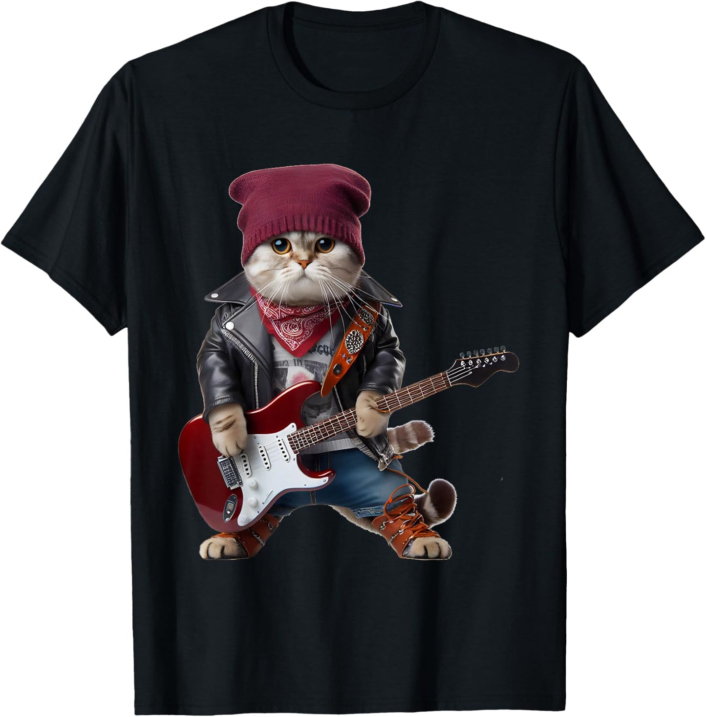 Cat Playing Guitar Cute Funny Cute Kitten Rock Rockin Cat T-Shirt - T-Shirt | Black
