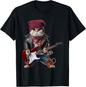 Cat Playing Guitar Cute Funny Cute Kitten Rock Rockin Cat T-Shirt - T-Shirt | Black