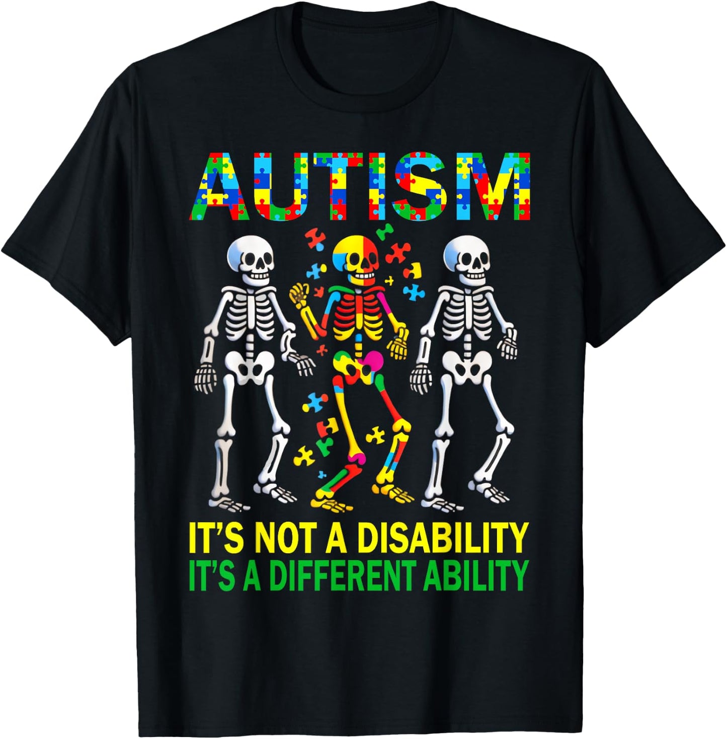 Autism Awareness Skeleton Dancing Autistic Kids Awareness T-Shirt - T-Shirt | Black