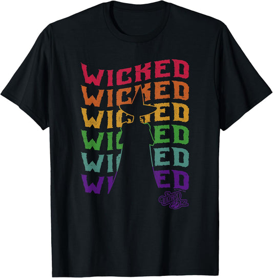 The Wizard of Oz Pride Wicked Witch Rainbow Text Stack T-Shirt - T-Shirt | Black