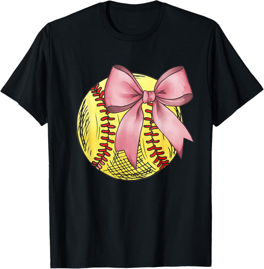 Vintage Softball Coquette Bow Cute Softball Mom Girls Kids T-Shirt - T-Shirt | Black