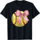 Vintage Softball Coquette Bow Cute Softball Mom Girls Kids T-Shirt - T-Shirt | Black