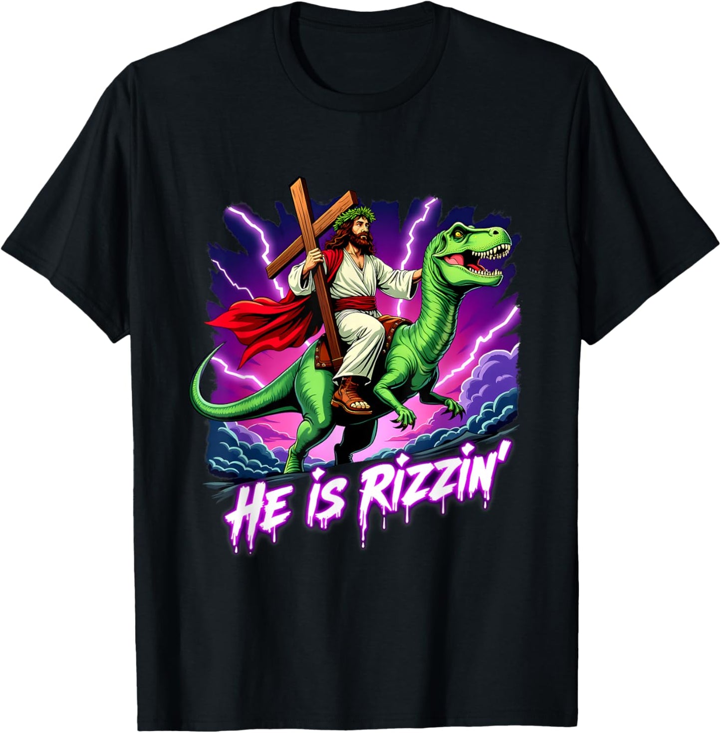 Retro Jesus Christian He Is Rizzin' Riding T-Rex Dinosaur T-Shirt - T-Shirt | Black