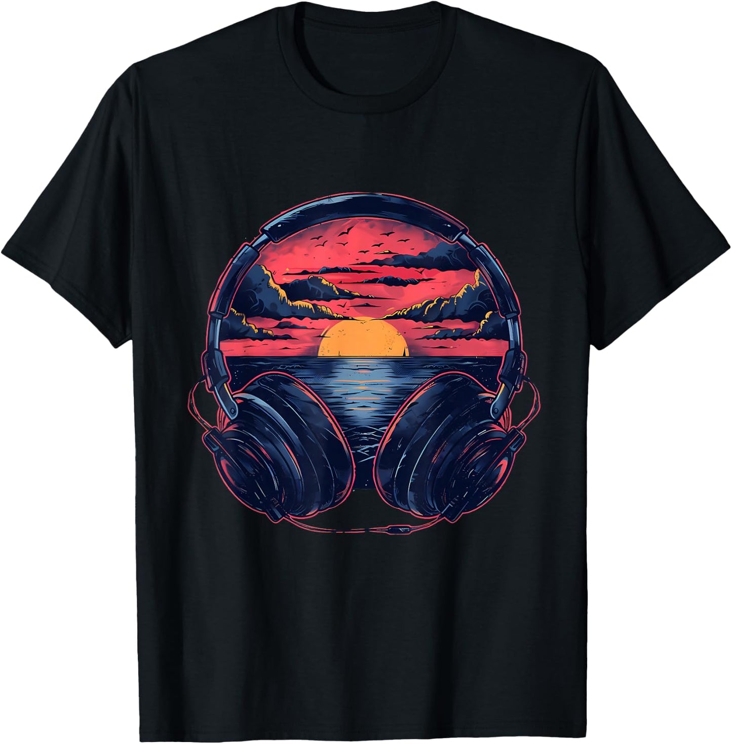 Headphones Music DJ Artwork Beatmaker House Music Sunset T-Shirt - T-Shirt | Black