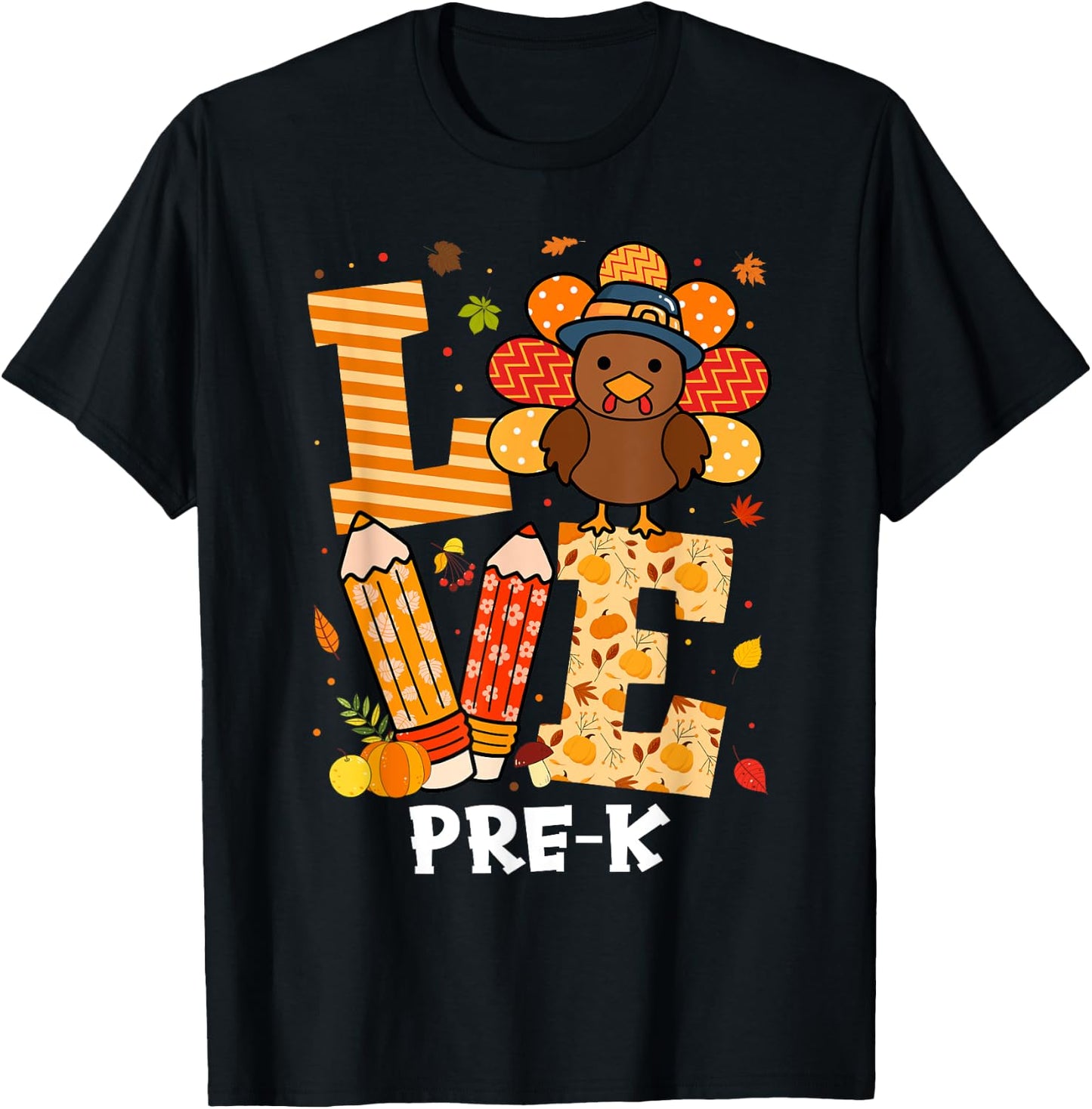 Thanksgiving Love Pre-K Teacher Turkey Autumn Fall Women Girls Kids T-Shirt - T-Shirt | Black