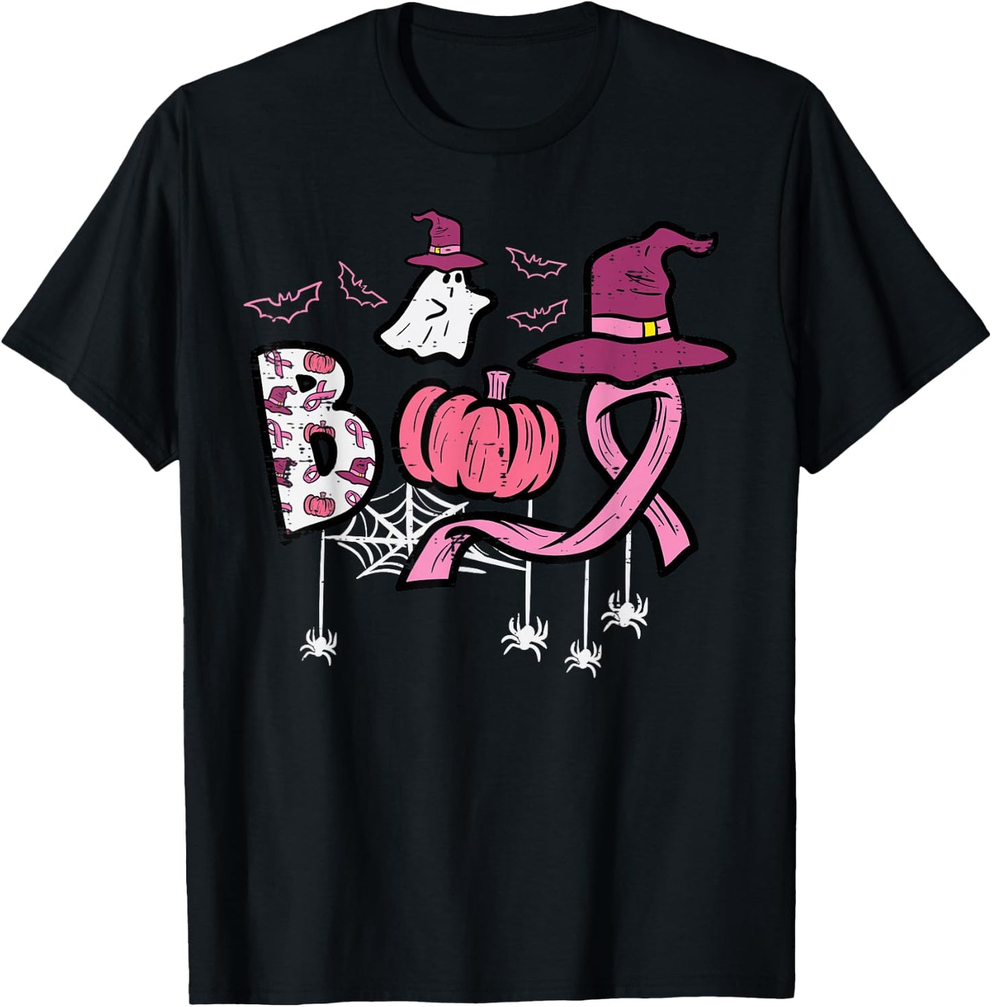 Breast Cancer Boo Halloween Pink Ribbon Aware Women Kids Men T-Shirt - T-Shirt | Black